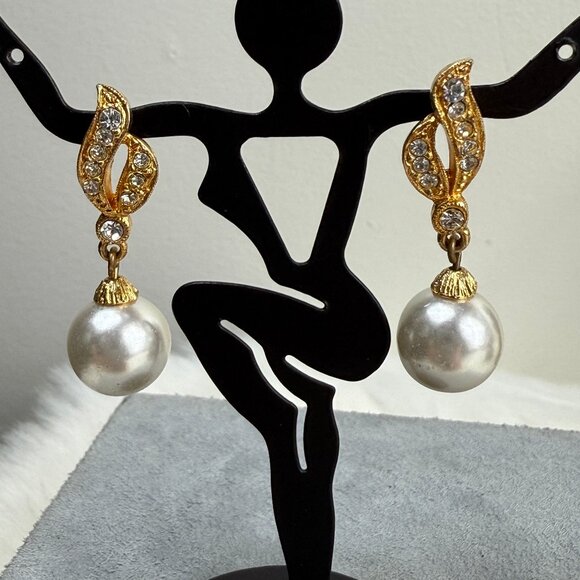 Gold Tone Faux Pearl & Rhinestone Pierced Earrings - Picture 1 of 8